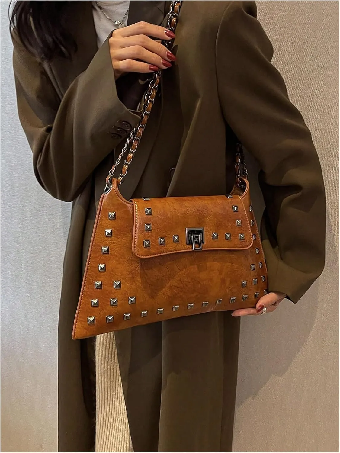 Floerns Women's Rivet Studded Detail Hobo Handle Handbag Twist Lock Flap Shoulder Bag