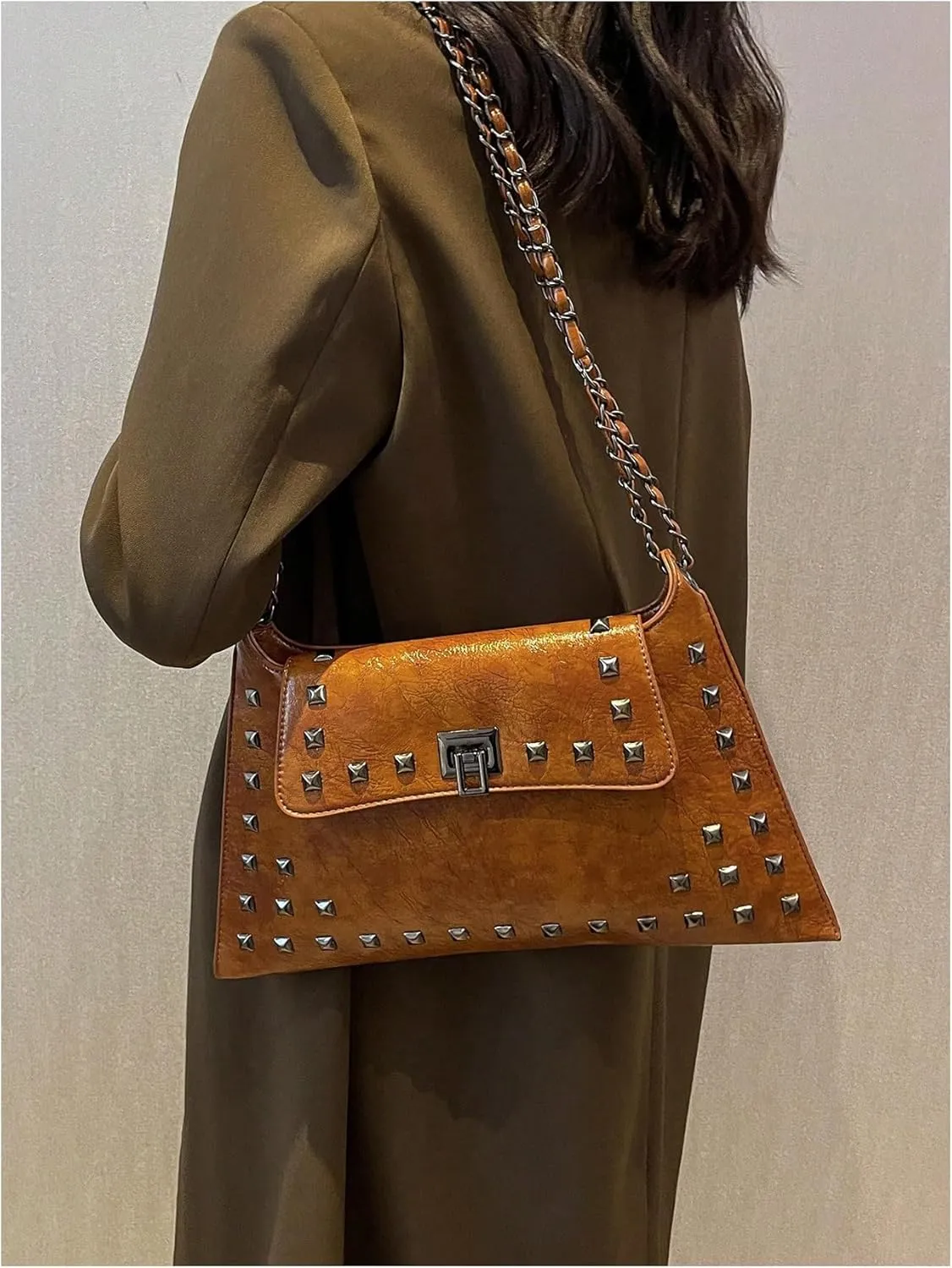 Floerns Women's Rivet Studded Detail Hobo Handle Handbag Twist Lock Flap Shoulder Bag
