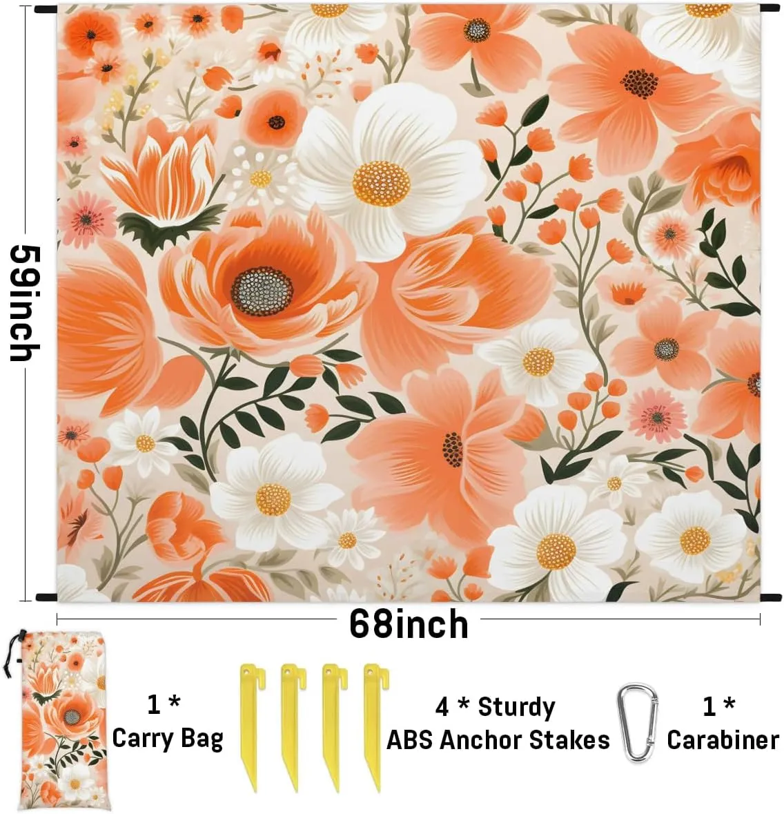 Flower Beach Blanket, Sandproof Beach Mat, 68 x 59 Waterproof Quick Drying Sand Free Mat with 4 x Ground Spikes for Outdoor Travel Camping Hiking, Watercolor Flower