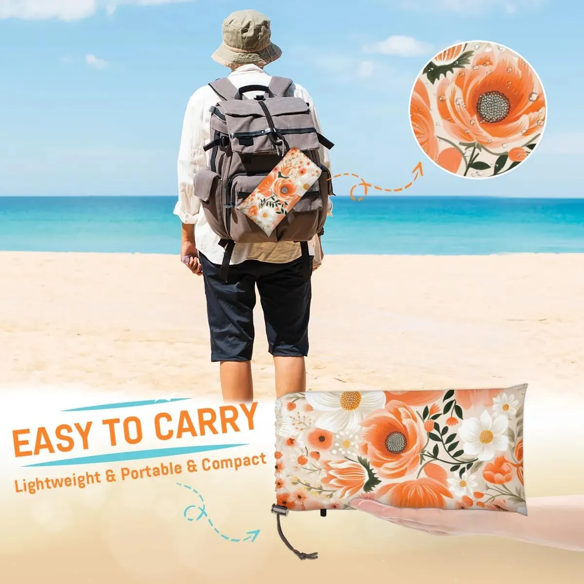 Flower Beach Blanket, Sandproof Beach Mat, 68 x 59 Waterproof Quick Drying Sand Free Mat with 4 x Ground Spikes for Outdoor Travel Camping Hiking, Watercolor Flower