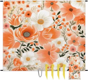 Flower Beach Blanket, Sandproof Beach Mat, 68 x 59 Waterproof Quick Drying Sand Free Mat with 4 x Ground Spikes for Outdoor Travel Camping Hiking, Watercolor Flower