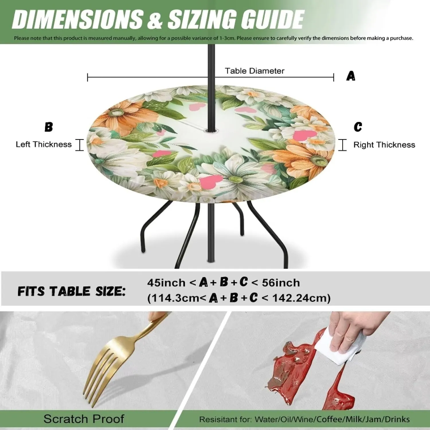 Flowers Leaves Print Round Tablecloth with Umbrella Hole for Outdoor Waterproof Zippered Patio Table Cloths,Outside Easy Clean Table Covers for Party Camping