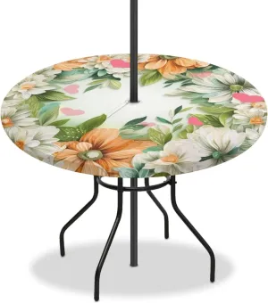 Flowers Leaves Print Round Tablecloth with Umbrella Hole for Outdoor Waterproof Zippered Patio Table Cloths,Outside Easy Clean Table Covers for Party Camping