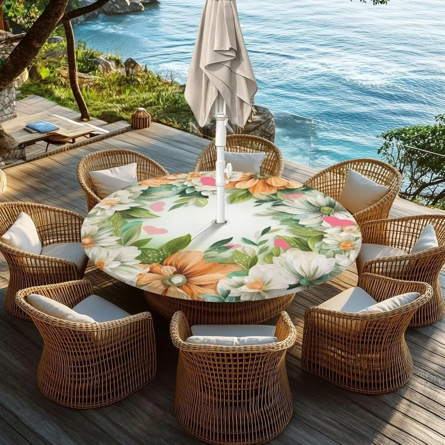 Flowers Leaves Print Round Tablecloth with Umbrella Hole for Outdoor Waterproof Zippered Patio Table Cloths,Outside Easy Clean Table Covers for Party Camping
