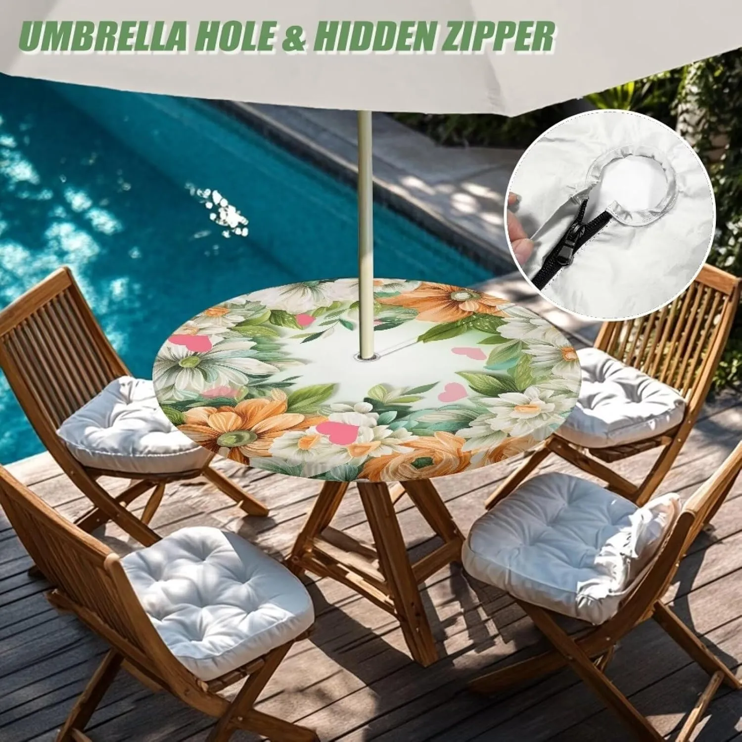 Flowers Leaves Print Round Tablecloth with Umbrella Hole for Outdoor Waterproof Zippered Patio Table Cloths,Outside Easy Clean Table Covers for Party Camping