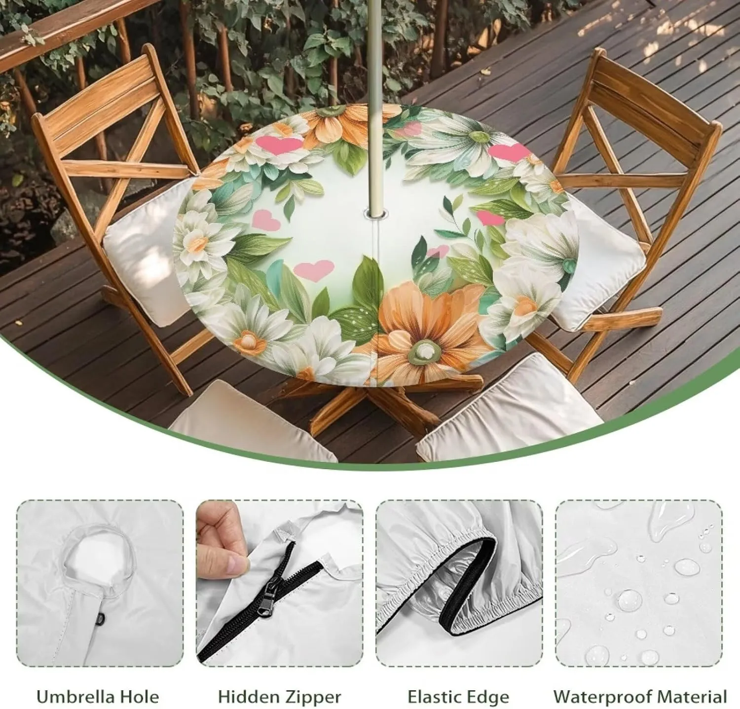 Flowers Leaves Print Round Tablecloth with Umbrella Hole for Outdoor Waterproof Zippered Patio Table Cloths,Outside Easy Clean Table Covers for Party Camping