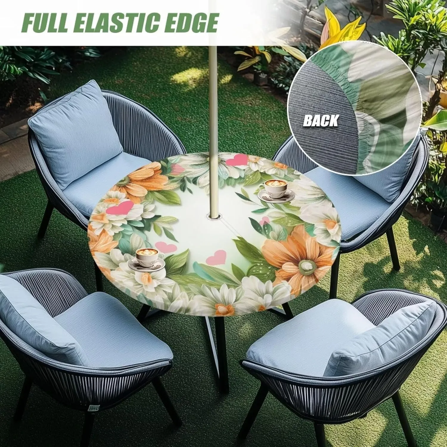 Flowers Leaves Print Round Tablecloth with Umbrella Hole for Outdoor Waterproof Zippered Patio Table Cloths,Outside Easy Clean Table Covers for Party Camping