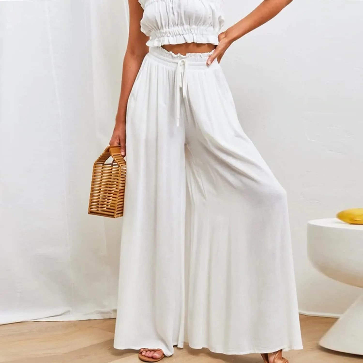 Flowy Wide Leg Pants for Women Ladies Chiffon High Waisted Palazzo Pants Comfy Paperbag Beach Pants with Pockets