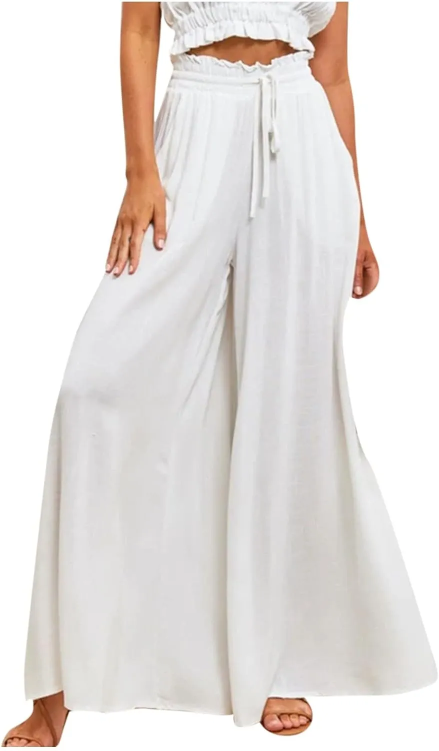 Flowy Wide Leg Pants for Women Ladies Chiffon High Waisted Palazzo Pants Comfy Paperbag Beach Pants with Pockets