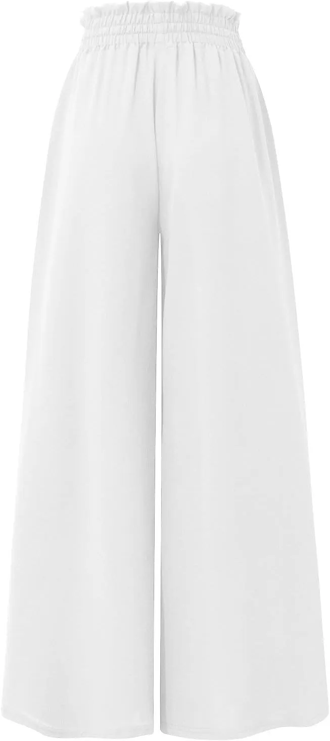 Flowy Wide Leg Pants for Women Ladies Chiffon High Waisted Palazzo Pants Comfy Paperbag Beach Pants with Pockets