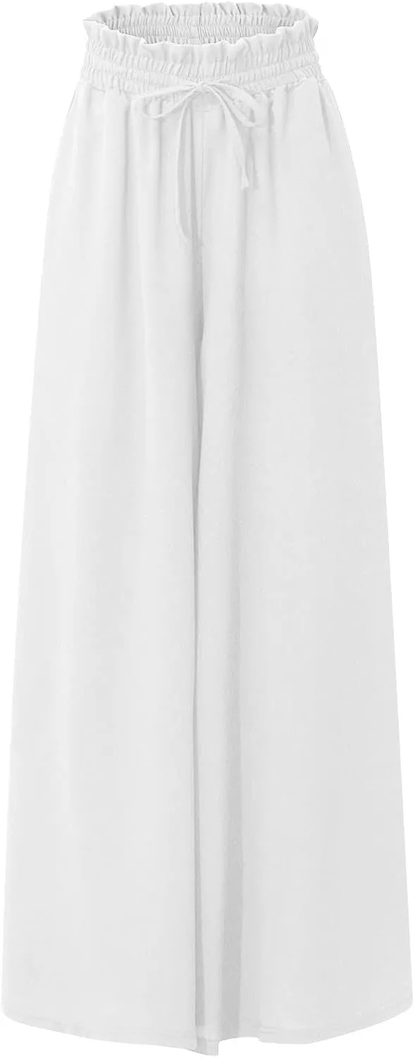 Flowy Wide Leg Pants for Women Ladies Chiffon High Waisted Palazzo Pants Comfy Paperbag Beach Pants with Pockets