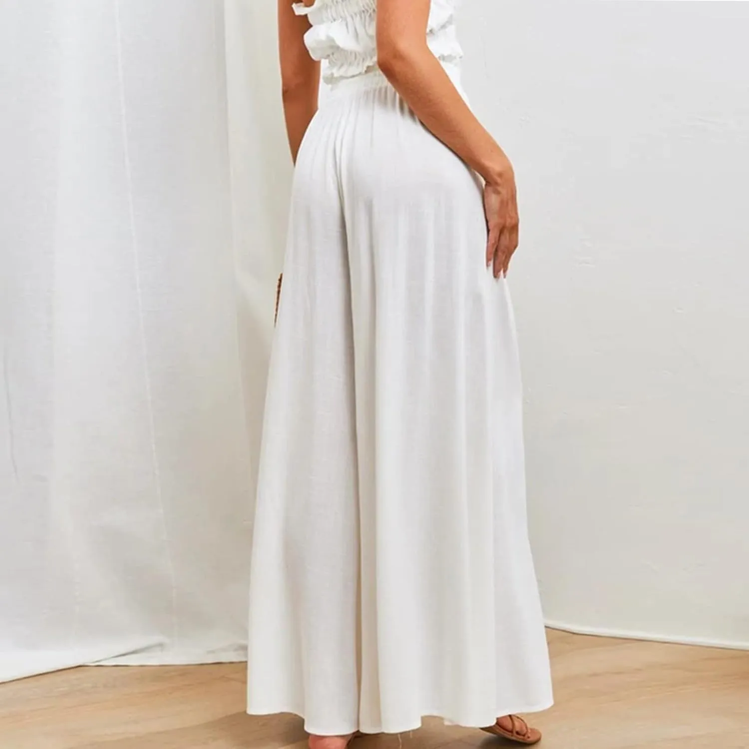 Flowy Wide Leg Pants for Women Ladies Chiffon High Waisted Palazzo Pants Comfy Paperbag Beach Pants with Pockets