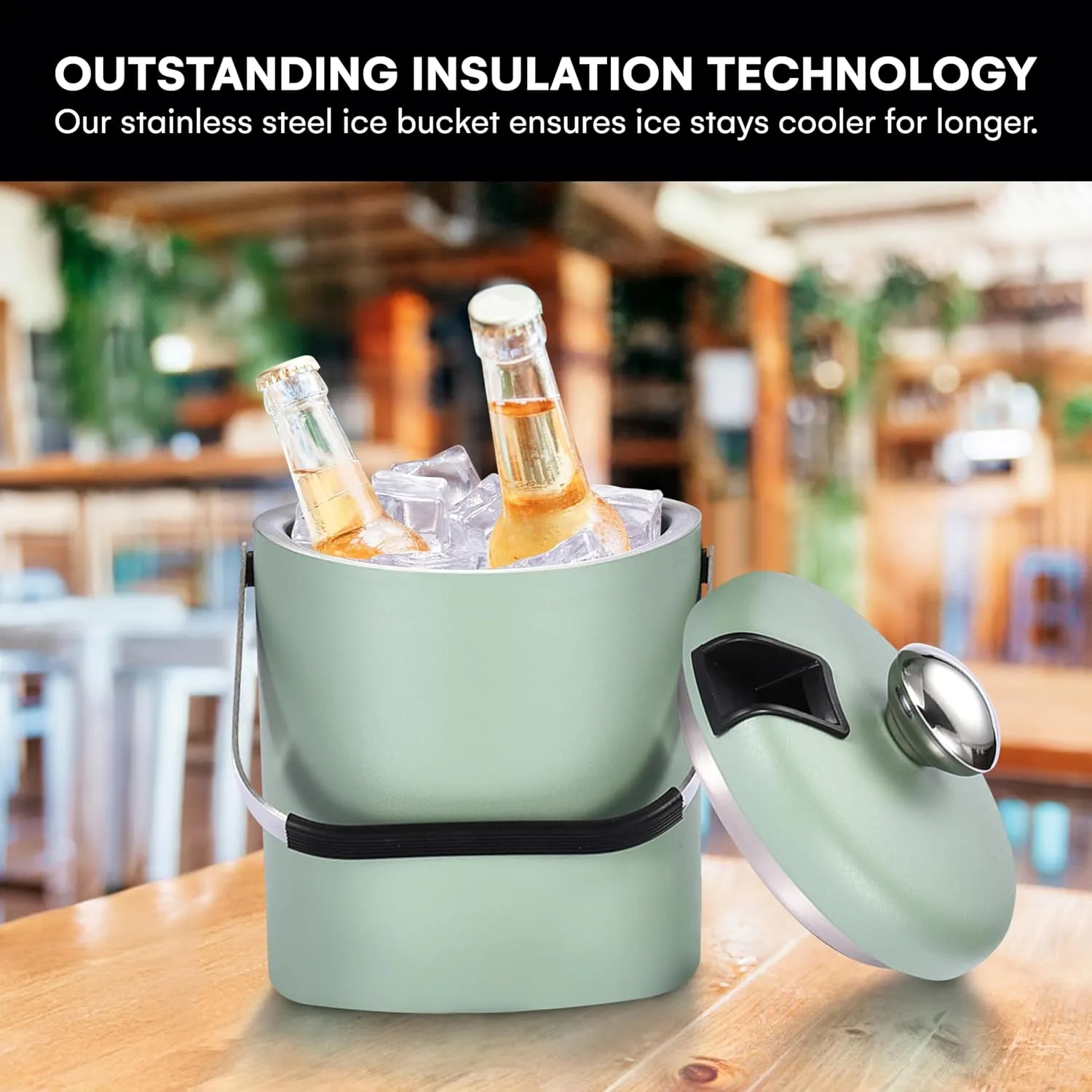 flybold Ice Bucket with Scoop - 7''x5.5''x5.5'' Small Insulated Ice Bucket with Lid and Stand - Double-Walled Stainless Steel Green Ice Holder for Party - 1.3L Ice Container for Outdoor or Indoor