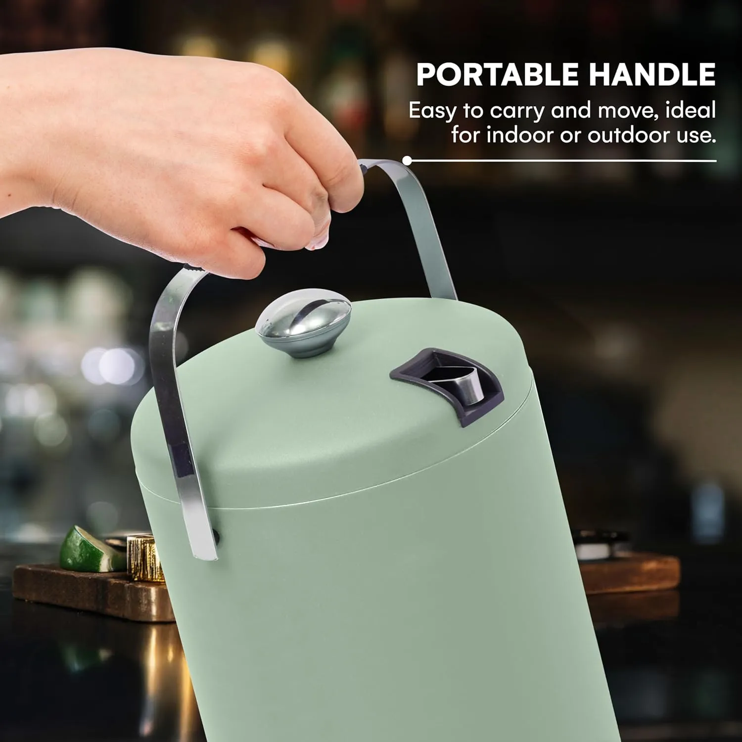 flybold Ice Bucket with Scoop - 7''x5.5''x5.5'' Small Insulated Ice Bucket with Lid and Stand - Double-Walled Stainless Steel Green Ice Holder for Party - 1.3L Ice Container for Outdoor or Indoor