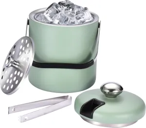 flybold Ice Bucket with Scoop - 7''x5.5''x5.5'' Small Insulated Ice Bucket with Lid and Stand - Double-Walled Stainless Steel Green Ice Holder for Party - 1.3L Ice Container for Outdoor or Indoor