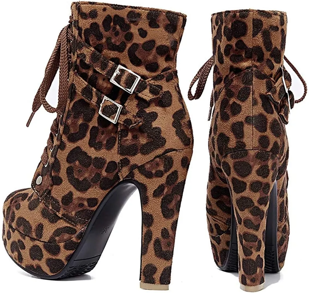 ForeMode Women Autumn Round Toe Lace up Ankle Buckle Chunky High Heel Platform Knight Boots