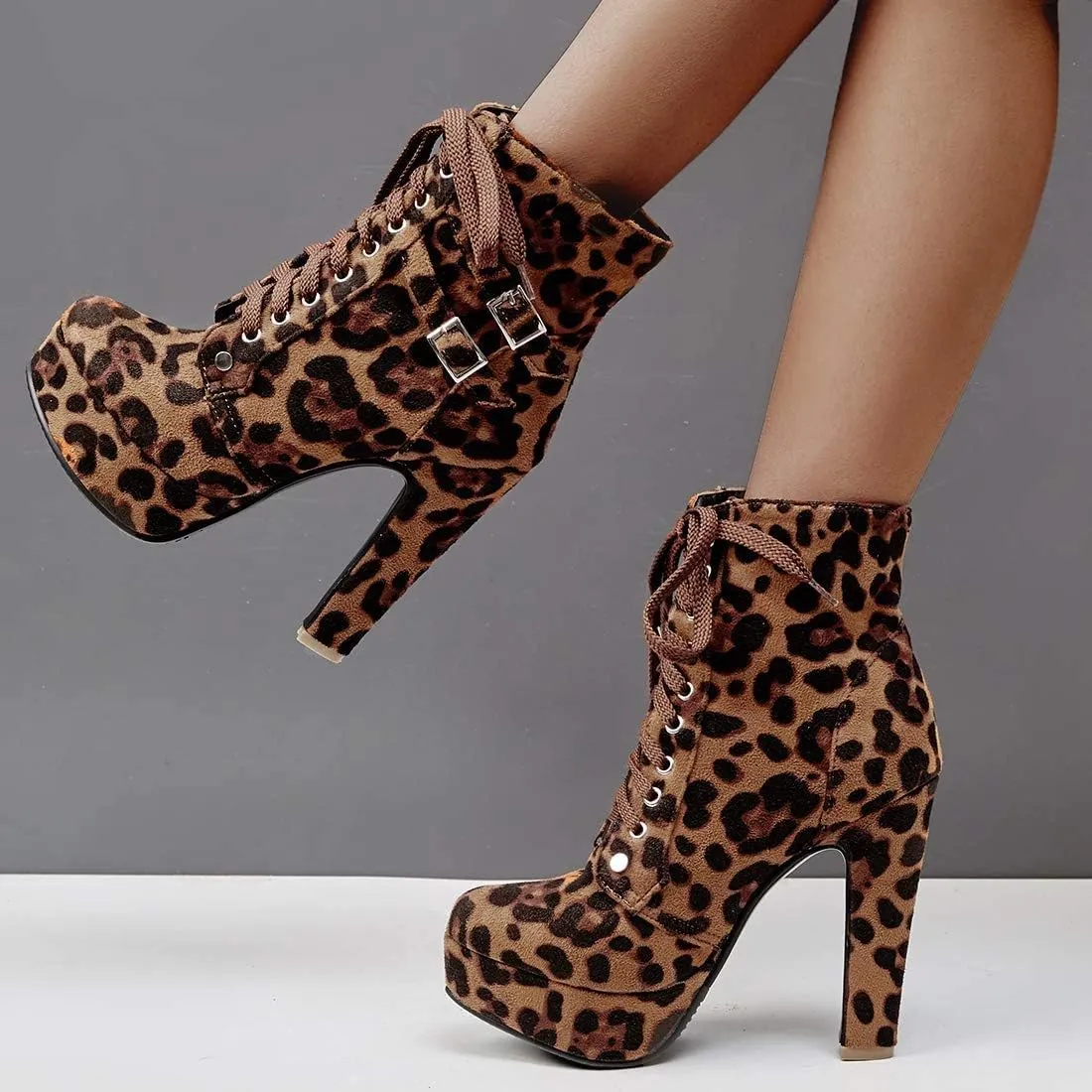 ForeMode Women Autumn Round Toe Lace up Ankle Buckle Chunky High Heel Platform Knight Boots
