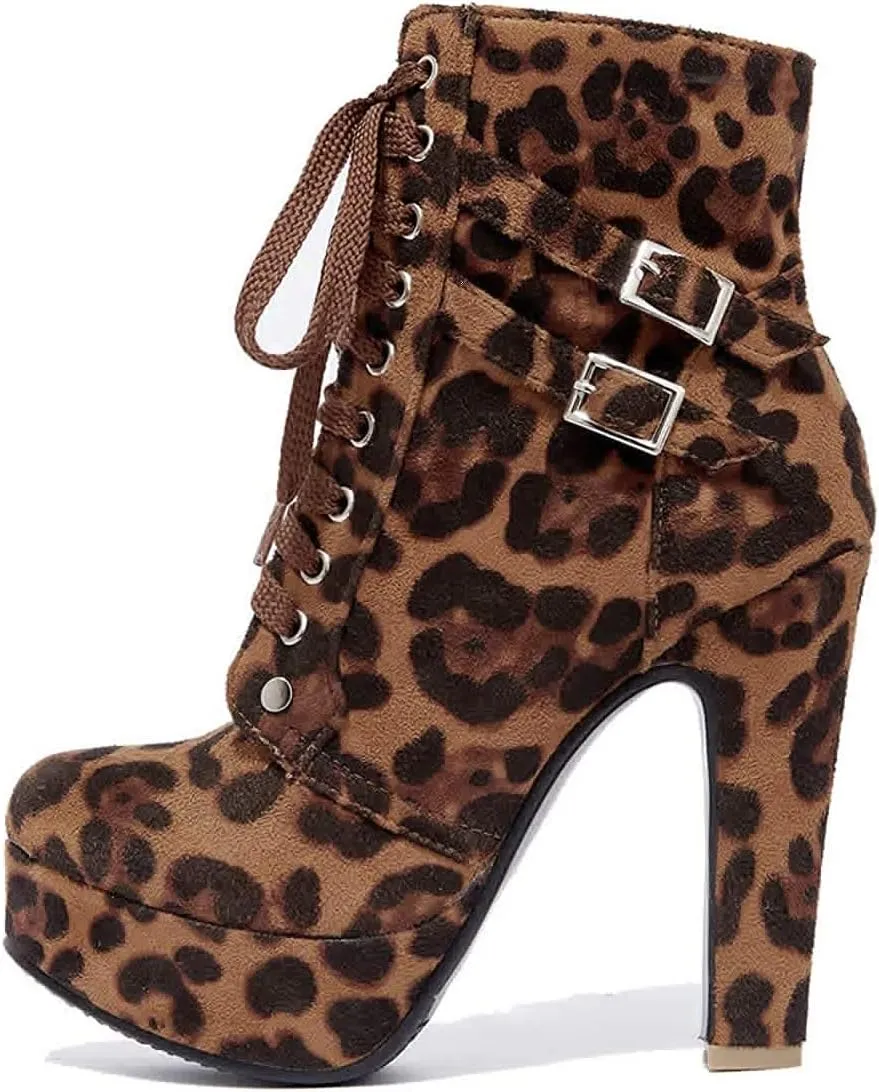 ForeMode Women Autumn Round Toe Lace up Ankle Buckle Chunky High Heel Platform Knight Boots