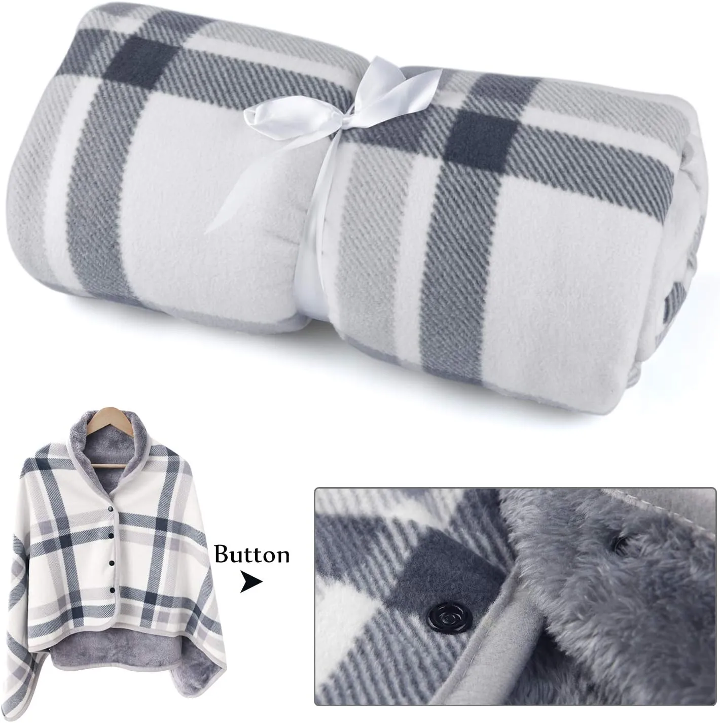forestfish Fleece Wearable Blanket, Plaid Lap Blanket Comfy Poncho Throw with Buttons for Bed Sofa Office, Grey-White