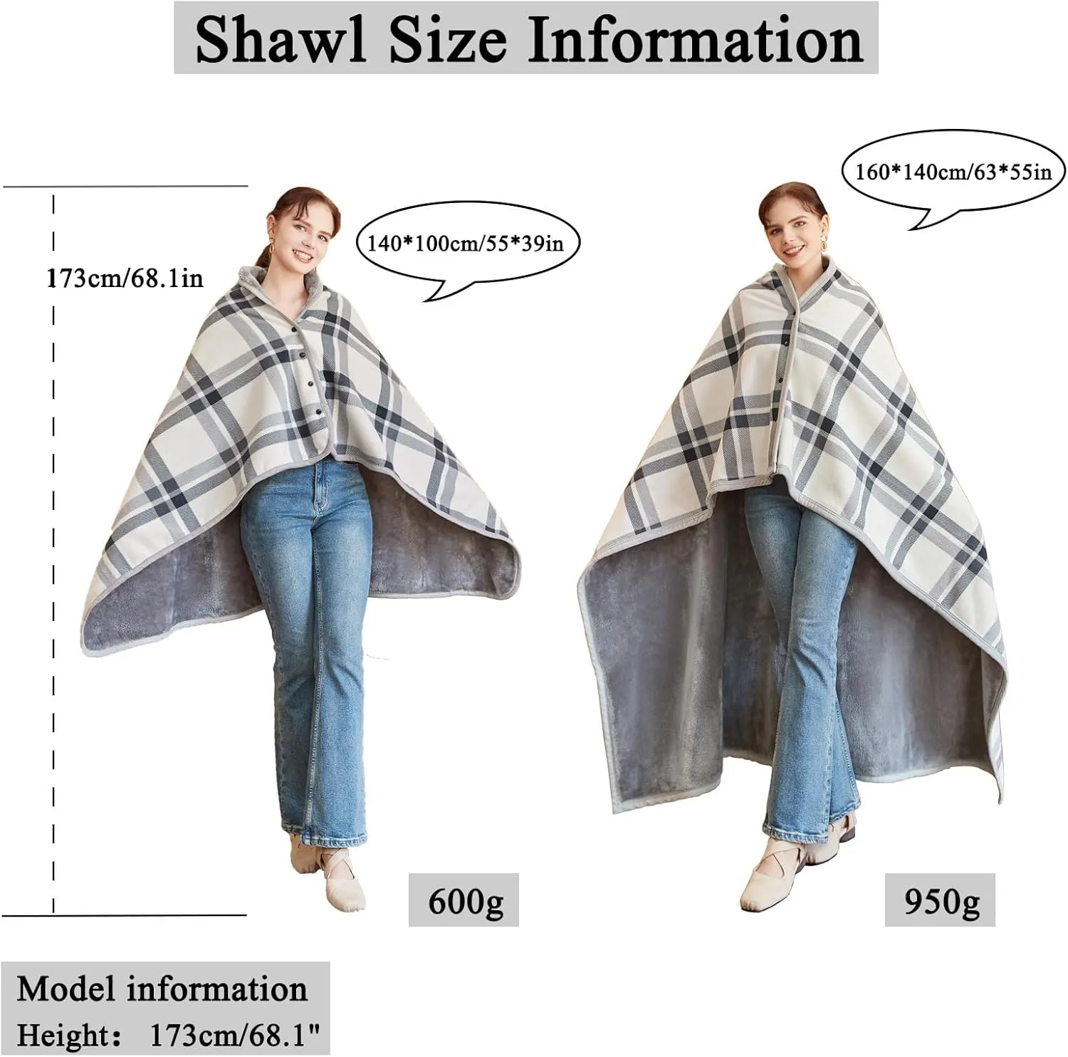 forestfish Fleece Wearable Blanket, Plaid Lap Blanket Comfy Poncho Throw with Buttons for Bed Sofa Office, Grey-White