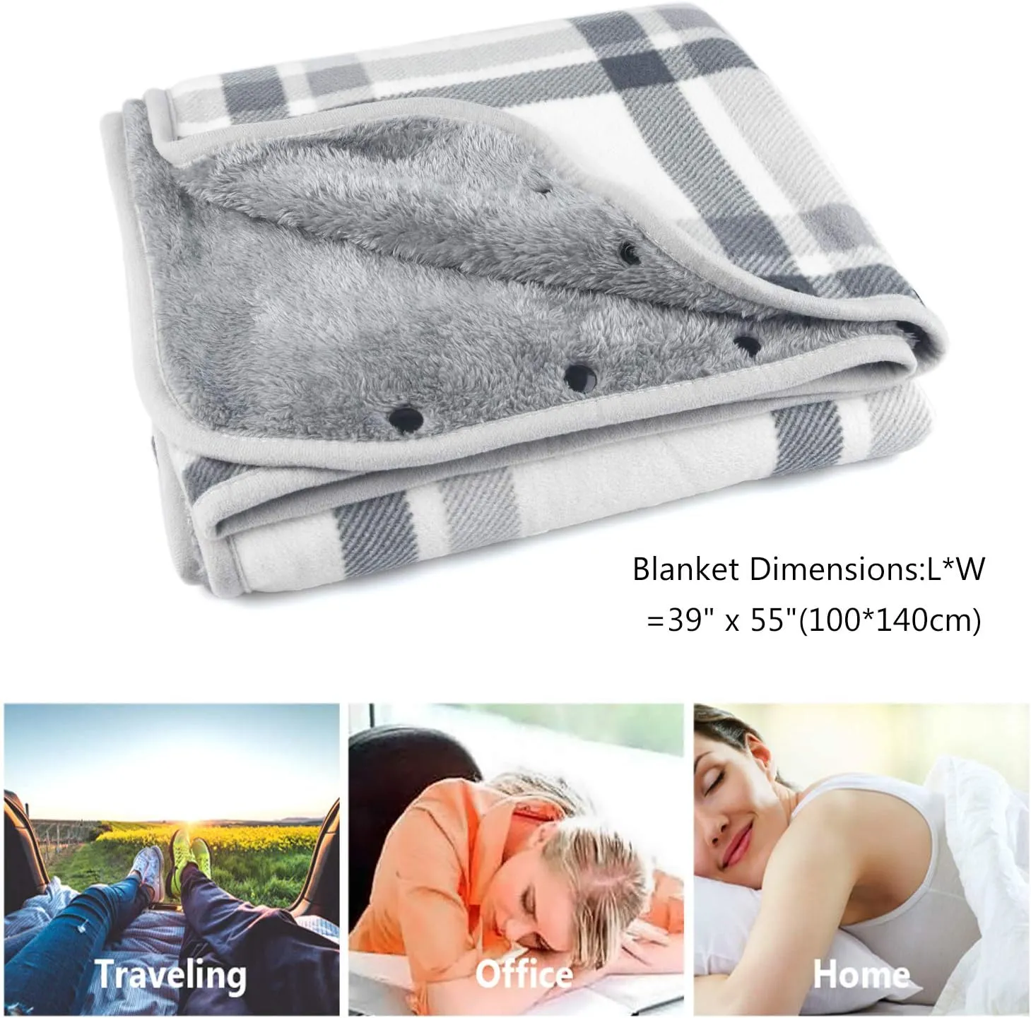 forestfish Fleece Wearable Blanket, Plaid Lap Blanket Comfy Poncho Throw with Buttons for Bed Sofa Office, Grey-White