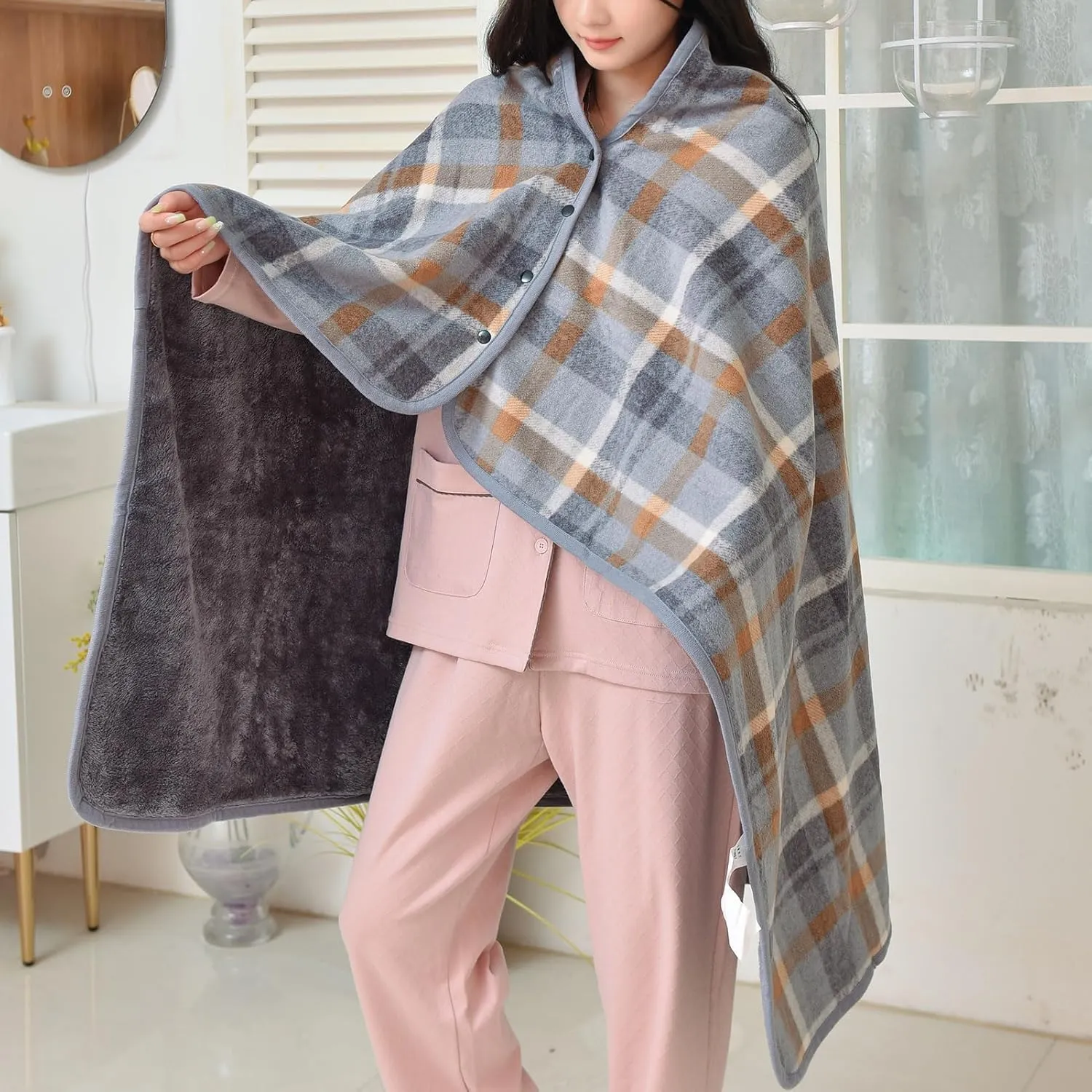 forestfish Fleece Wearable Blanket, Plaid Lap Blanket Comfy Poncho Throw with Buttons for Bed Sofa Office