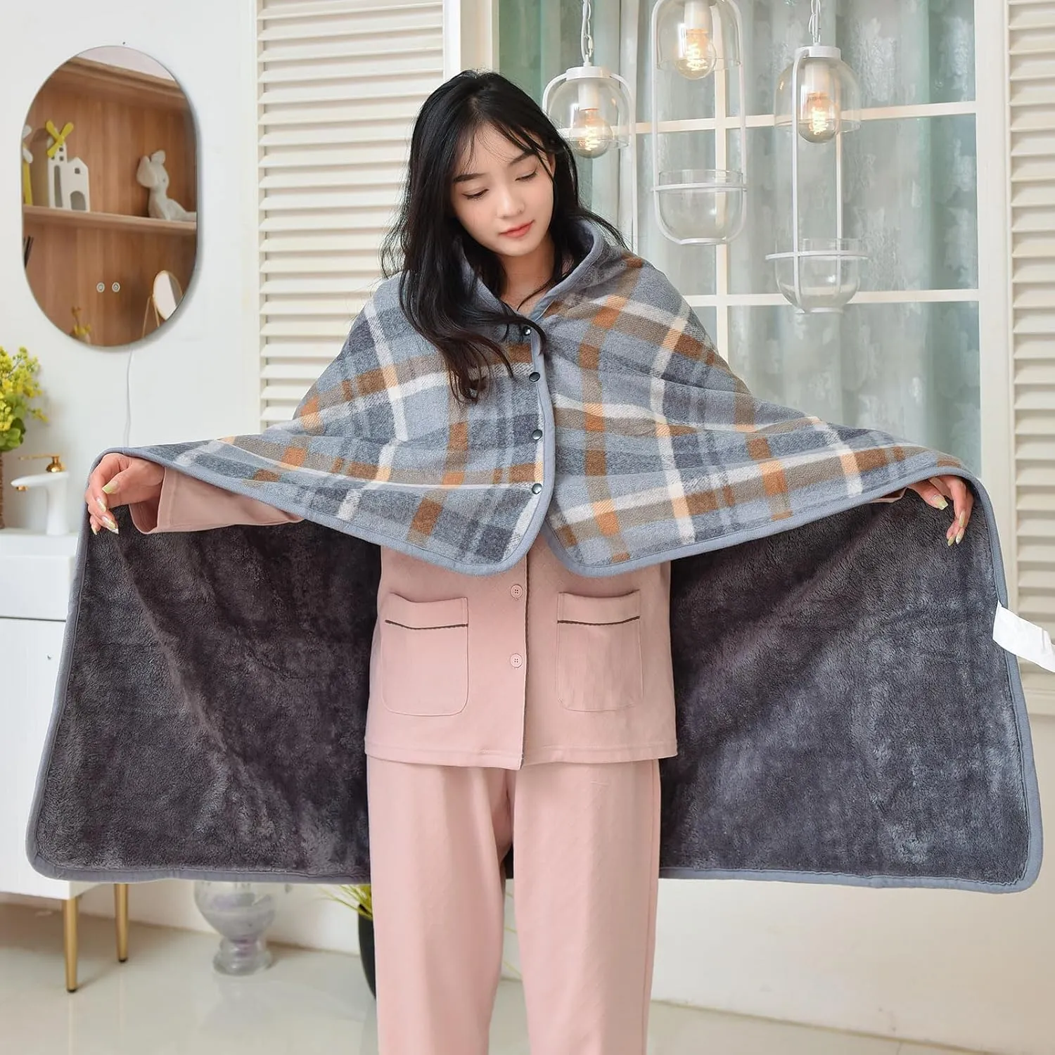 forestfish Fleece Wearable Blanket, Plaid Lap Blanket Comfy Poncho Throw with Buttons for Bed Sofa Office