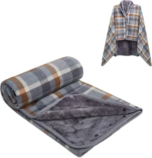forestfish Fleece Wearable Blanket, Plaid Lap Blanket Comfy Poncho Throw with Buttons for Bed Sofa Office