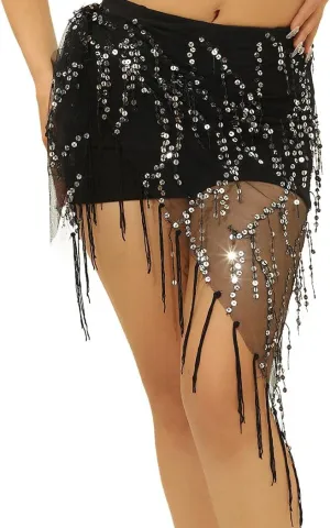 Formery Sequin Tassel Cover Ups Hip Scarf Black Bikini See Through Skirt Coverup Body Chains Summersuit Party Nightclub Beach Body Jewelry for Women