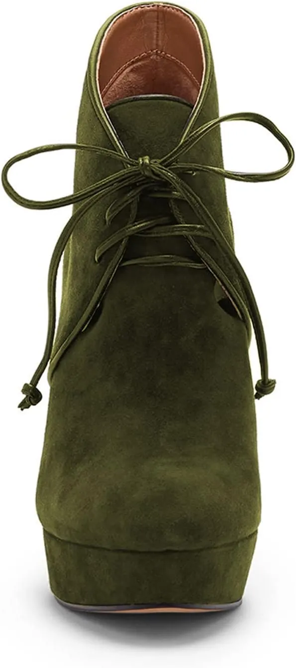 FOWT Women Fashion Suede Platform Lace up Ankle Boots Elegant Closed Round Toe 4 IN Heel Pumps Comfort Patchwork High Heel Dress Party Shoes, Green US Size 4-16 M