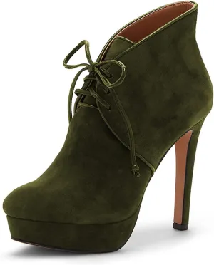 FOWT Women Fashion Suede Platform Lace up Ankle Boots Elegant Closed Round Toe 4 IN Heel Pumps Comfort Patchwork High Heel Dress Party Shoes, Green US Size 4-16 M
