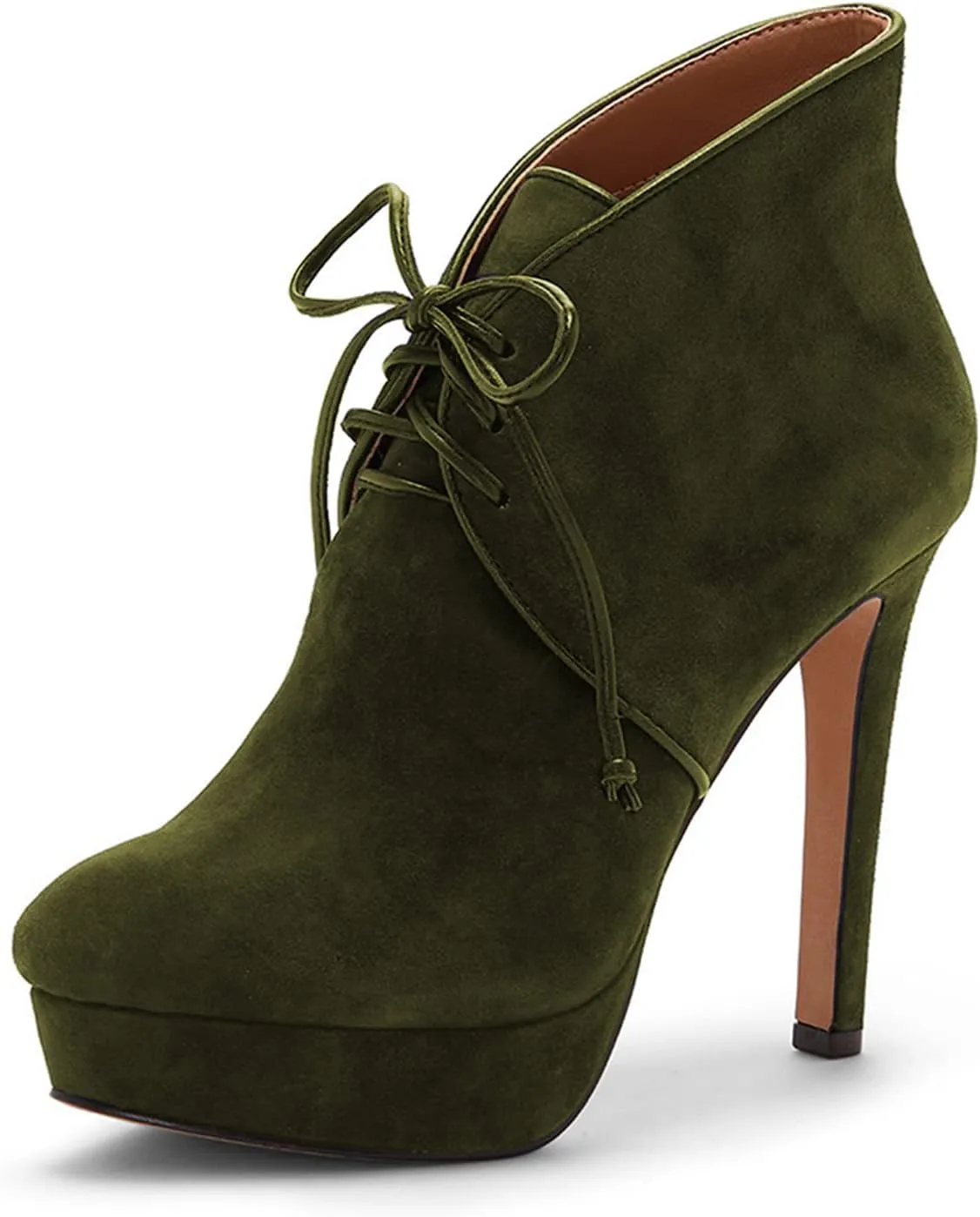FOWT Women Fashion Suede Platform Lace up Ankle Boots Elegant Closed Round Toe 4 IN Heel Pumps Comfort Patchwork High Heel Dress Party Shoes, Green US Size 4-16 M