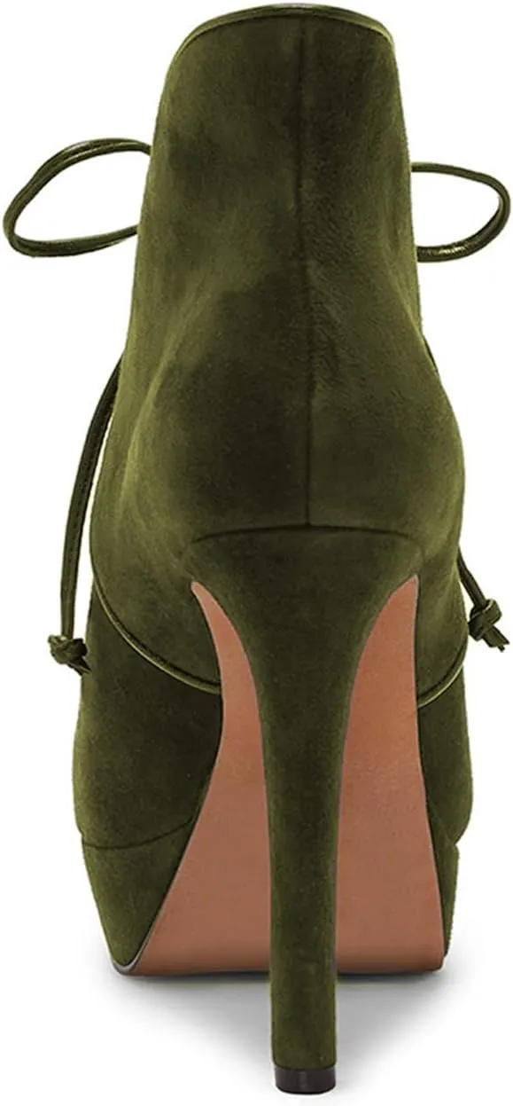 FOWT Women Fashion Suede Platform Lace up Ankle Boots Elegant Closed Round Toe 4 IN Heel Pumps Comfort Patchwork High Heel Dress Party Shoes, Green US Size 4-16 M