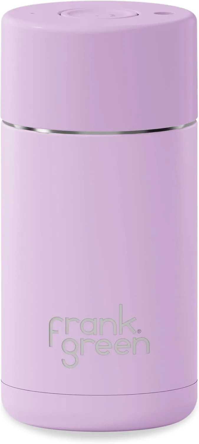 frank green - Ceramic Reusable Cup - Travel Coffee Mug, Stainless Steel Coffee Cup, Insulated Tumbler - Push Button Lid - 12oz - Lilac Haze