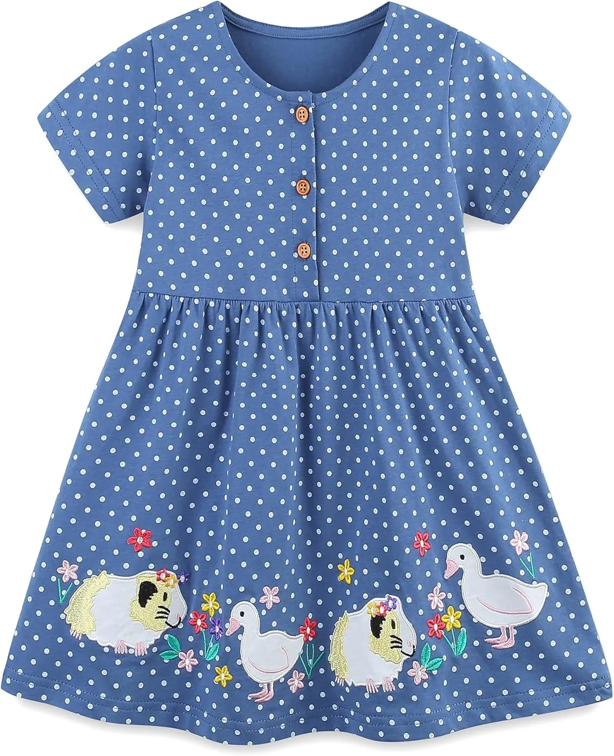 FreeLu Girls Cartoon Appliques Dress Cotton Summer Short Sleeve Dresses Casual Jersey Skirt