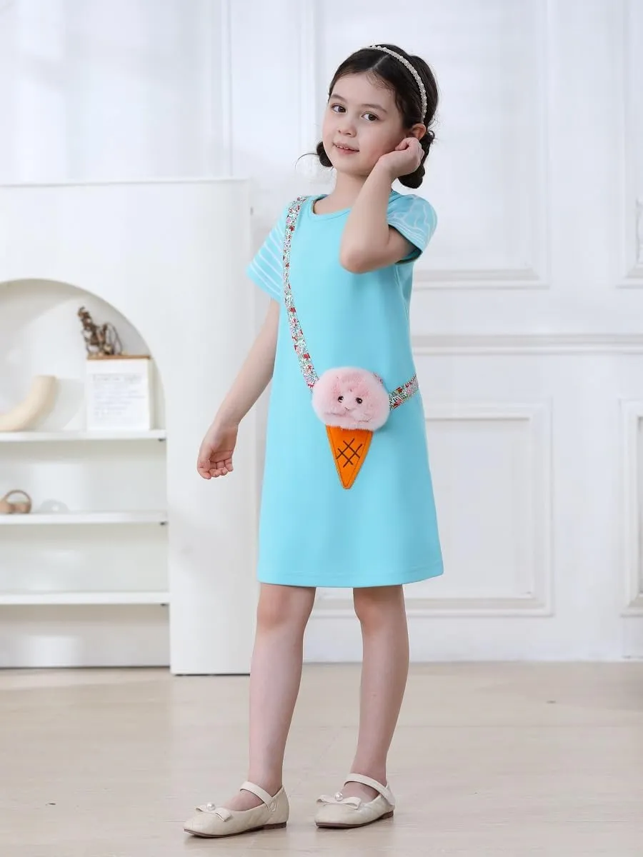 FreeLu Girls Cartoon Appliques Dress Cotton Summer Short Sleeve Dresses Casual Jersey Skirt