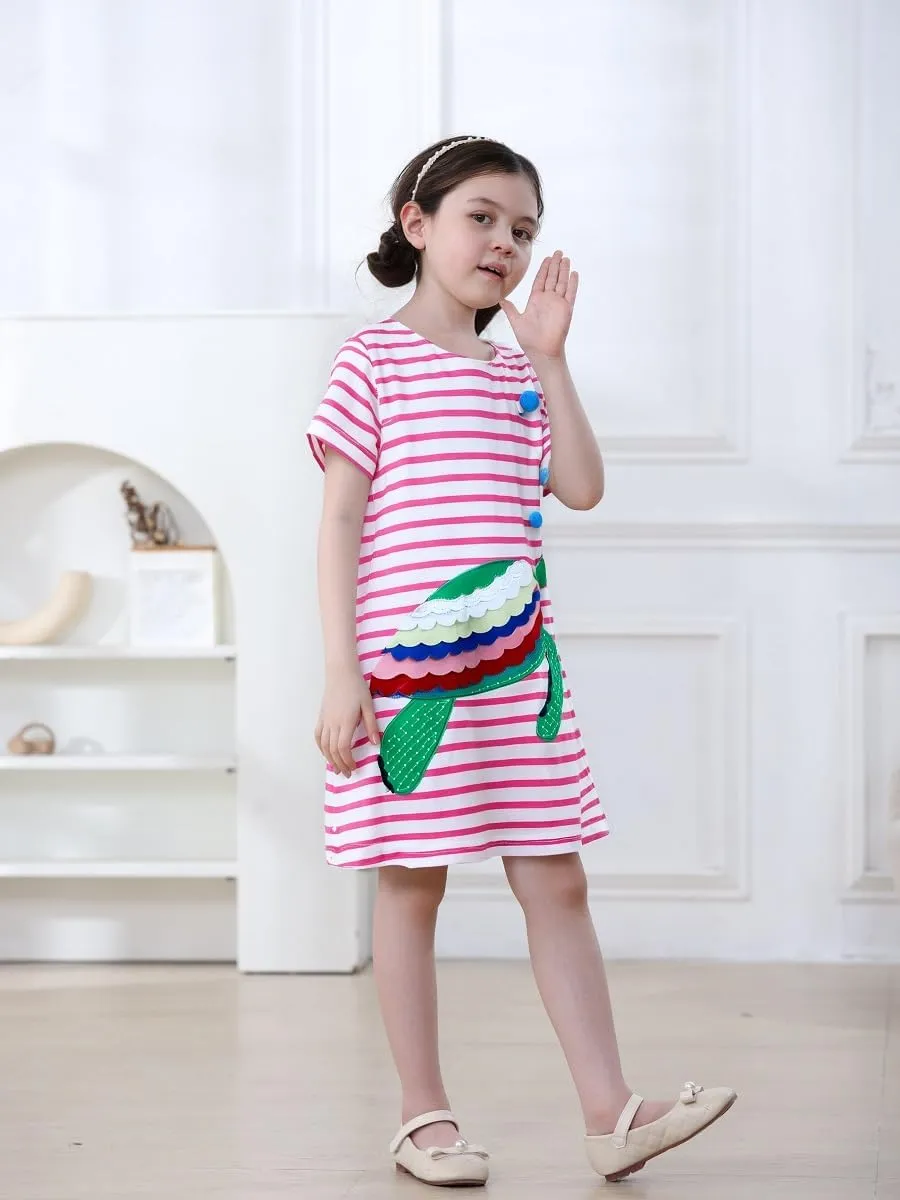 FreeLu Girls Cartoon Appliques Dress Cotton Summer Short Sleeve Dresses Casual Jersey Skirt