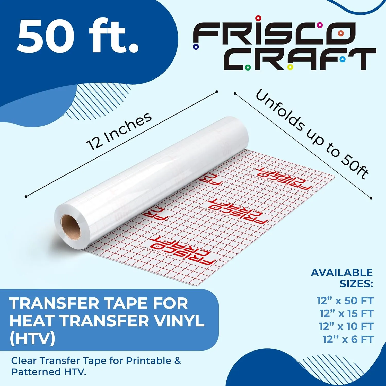 Frisco Craft Transfer Tape for Heat Transfer Vinyl - Iron on Clear Tape for Printable and Patterned Htv, Indoor & Outdoor Adhesive Vinyl - Reusable Up to 5 Times, High Tack (12" x 50 ft)