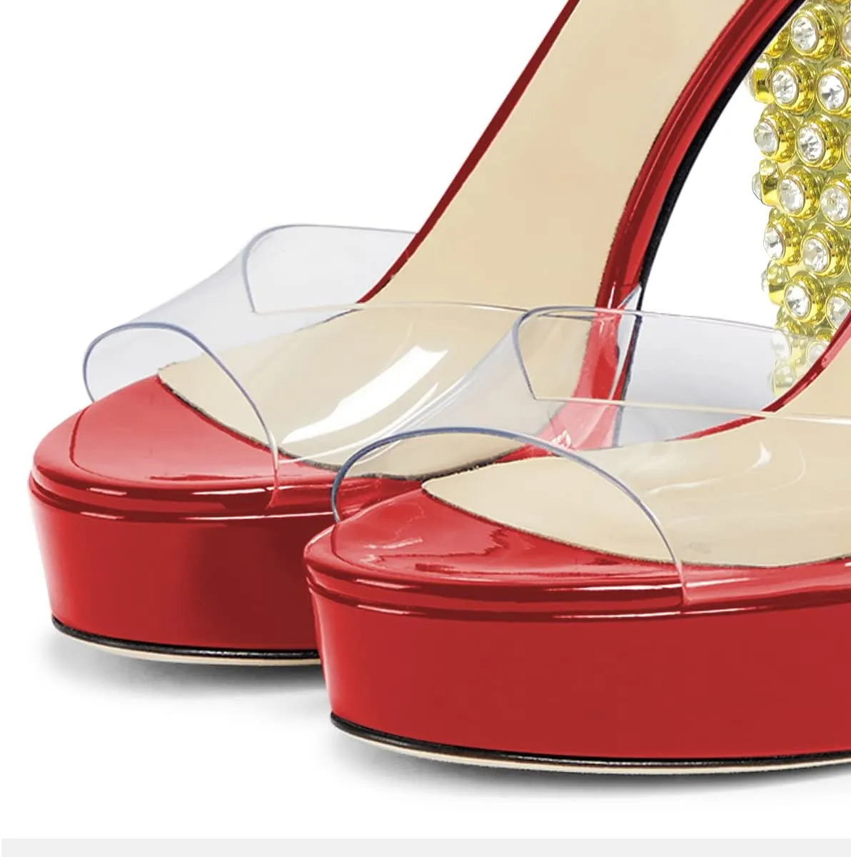 FSJ Women Chunky Block High Heel Crystal Studded Sandals Platform Peep Toe Clear Ankle Strap Transparent Comfort Bridal Wedding Shoes Size 4-15 US