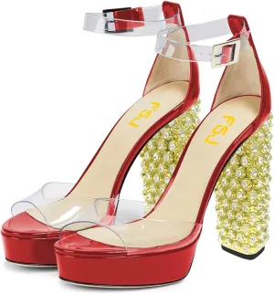 FSJ Women Chunky Block High Heel Crystal Studded Sandals Platform Peep Toe Clear Ankle Strap Transparent Comfort Bridal Wedding Shoes Size 4-15 US