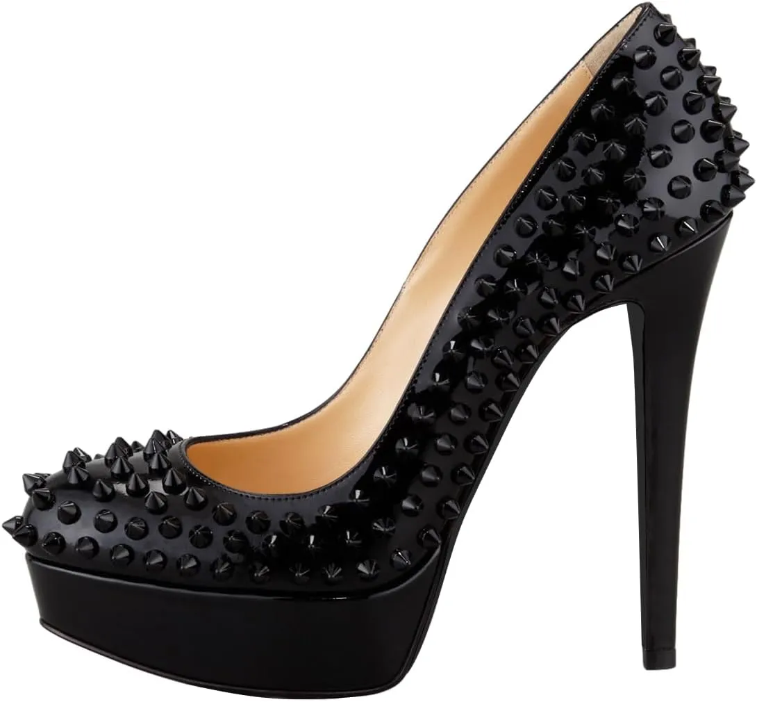 FSJ Women Classic High Stiletto Heel Rivets Platform Pumps Closed Round Toe Slip On Studded Sexy Work Party Wedding Dress Shoes Size 4-16 US