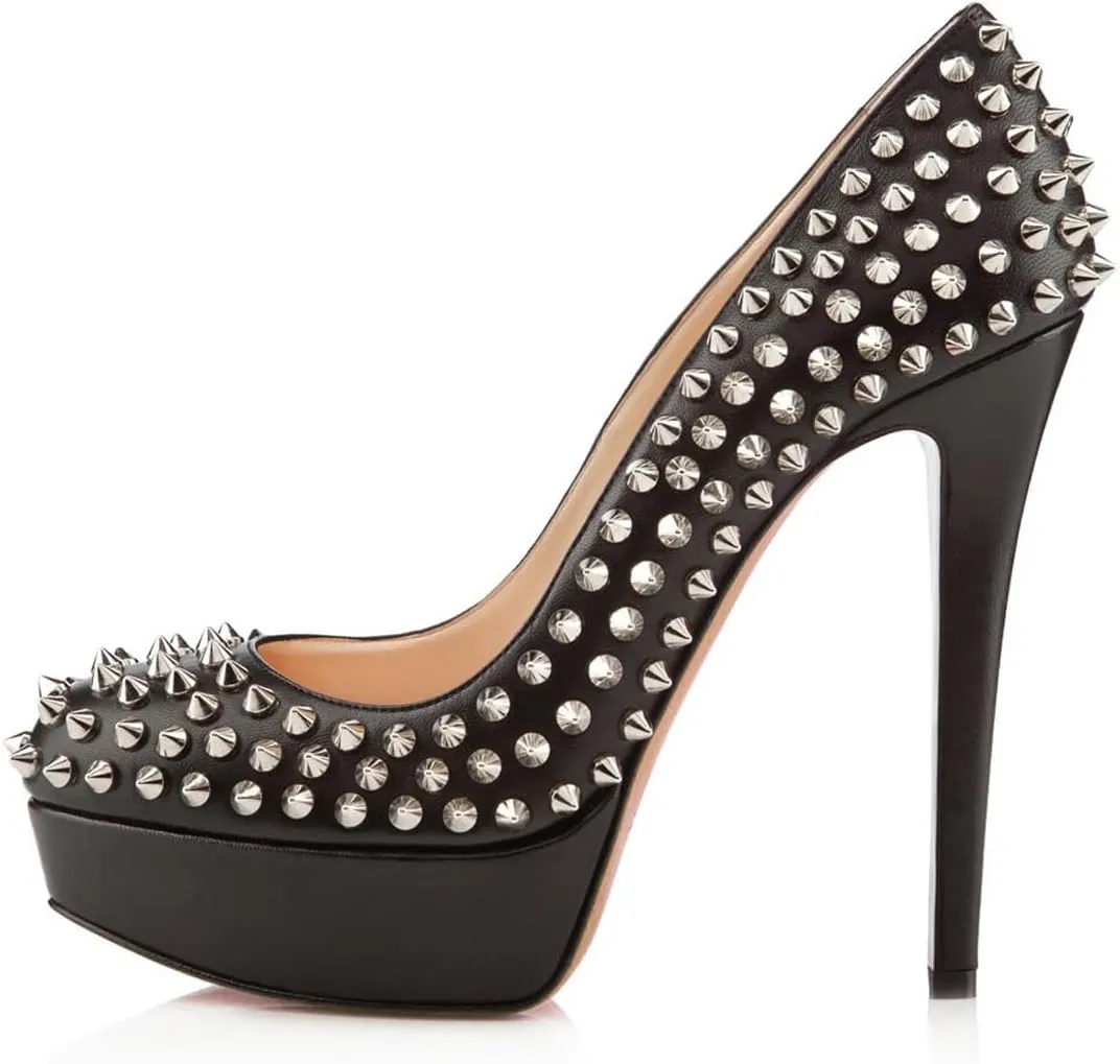 FSJ Women Classic High Stiletto Heel Rivets Platform Pumps Closed Round Toe Slip On Studded Sexy Work Party Wedding Dress Shoes Size 4-16 US