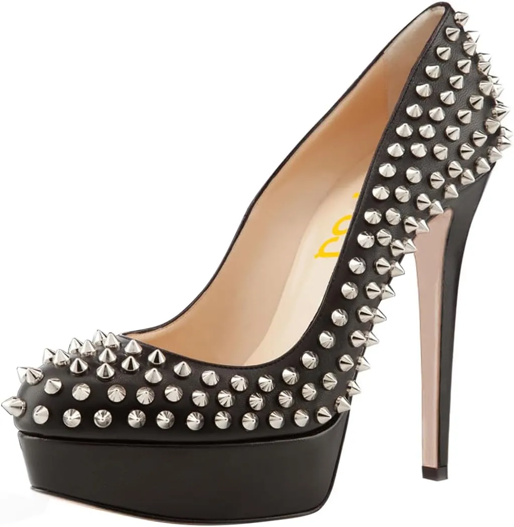 FSJ Women Classic High Stiletto Heel Rivets Platform Pumps Closed Round Toe Slip On Studded Sexy Work Party Wedding Dress Shoes Size 4-16 US