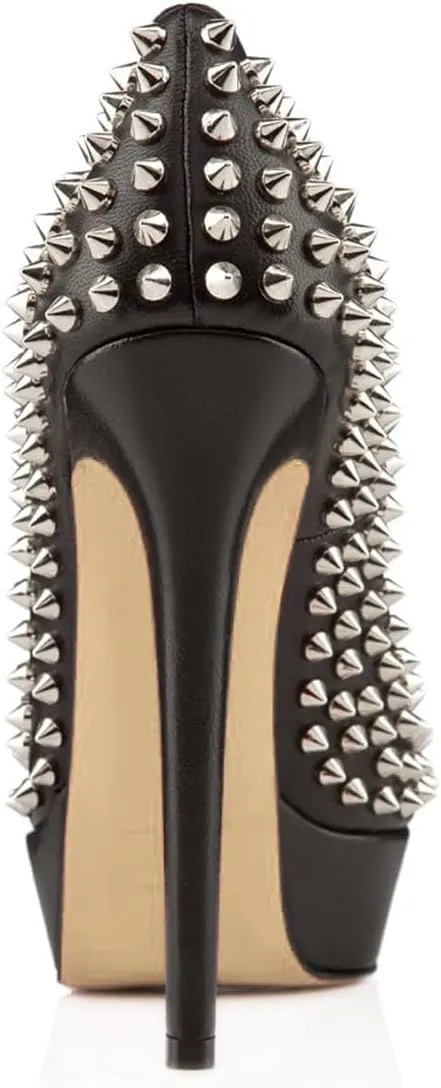 FSJ Women Classic High Stiletto Heel Rivets Platform Pumps Closed Round Toe Slip On Studded Sexy Work Party Wedding Dress Shoes Size 4-16 US