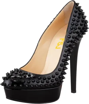 FSJ Women Classic High Stiletto Heel Rivets Platform Pumps Closed Round Toe Slip On Studded Sexy Work Party Wedding Dress Shoes Size 4-16 US
