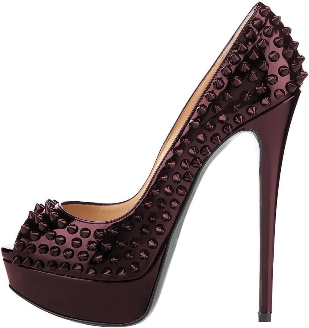 FSJ Women Classic Rivets Platform Heel Peep Toe Pumps High Stiletto Heel Slip On Studded Sexy Wedding Party Dance Shoes Size 4-16 US