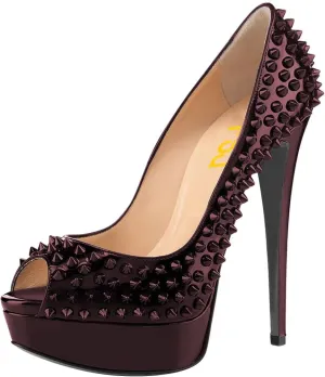 FSJ Women Classic Rivets Platform Heel Peep Toe Pumps High Stiletto Heel Slip On Studded Sexy Wedding Party Dance Shoes Size 4-16 US