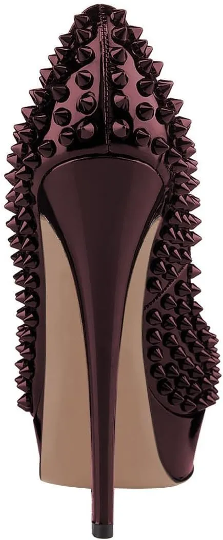FSJ Women Classic Rivets Platform Heel Peep Toe Pumps High Stiletto Heel Slip On Studded Sexy Wedding Party Dance Shoes Size 4-16 US