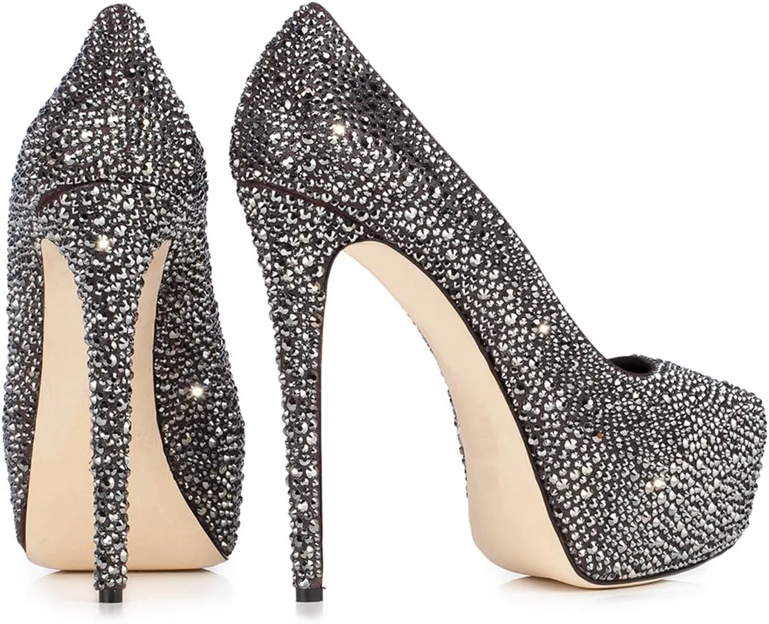 FSJ Women Classy Closed Toe Platform Pumps High Heel Full Rhinestone Studded Sparkly Stilettos Slip On Party Evening Dress Shoes Size 4-16 US