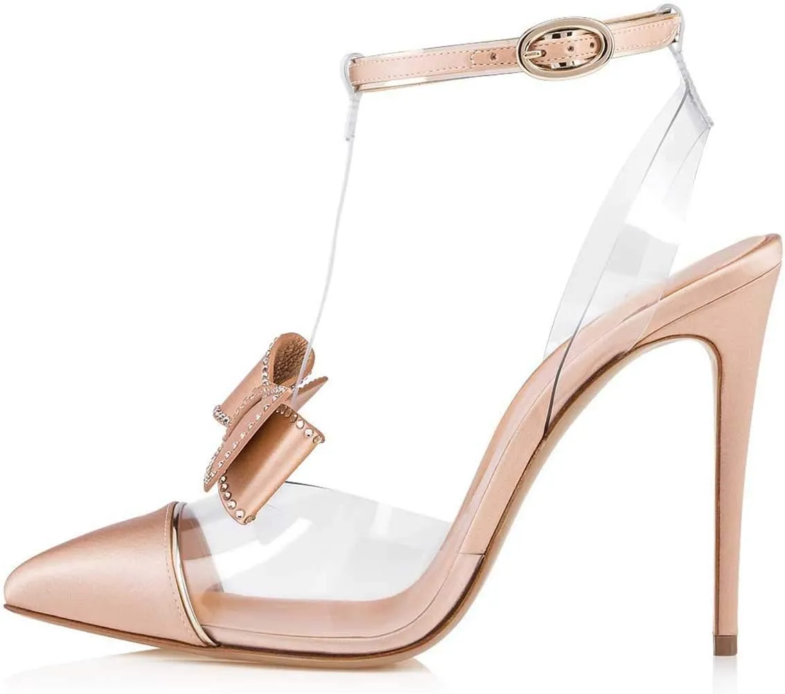FSJ Women Clear T Strap Pointed Toe Stiletto High Heels Dress Pumps Sandals with Rhinestone Studded Bows Size 4-15 US